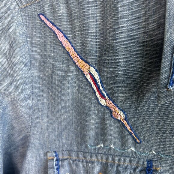 Vintage 60s 70s Hand Embroidered Denim Chambray  Shirt Tennis Floral - Picture 10 of 12
